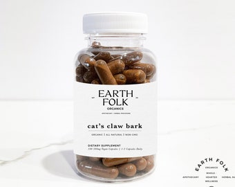 May include: A clear plastic bottle filled with brown capsules labeled "EARTH FOLK ORGANICS cat's claw bark ORGANIC | ALL NATURAL | NON-GMO DIETARY SUPPLEMENT 100 500mg Vegan Capsules | 1-2 Capsules Daily"