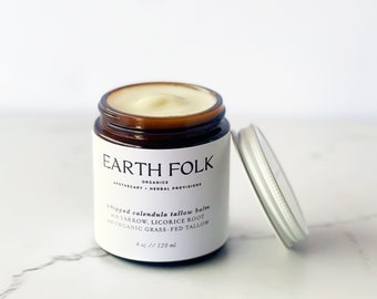 Tallow Balm, Whipped Calendula Tallow Skin Cream, Grass-fed & Finished Tallow, Body Butter, Whipped Tallow, Glass Jar