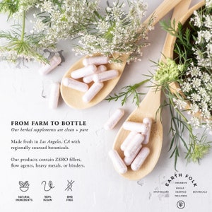 May include: Two wooden spoons filled with white capsules, surrounded by green plants and white flowers. The text "FROM FARM TO BOTTLE" is visible, along with the words "Our herbal supplements are clean + pure".  The text "EARTH FOLK" is also visible, along with the words "ORGANICS, WHOLE HEARTED WELLNESS, BOTANICALS".