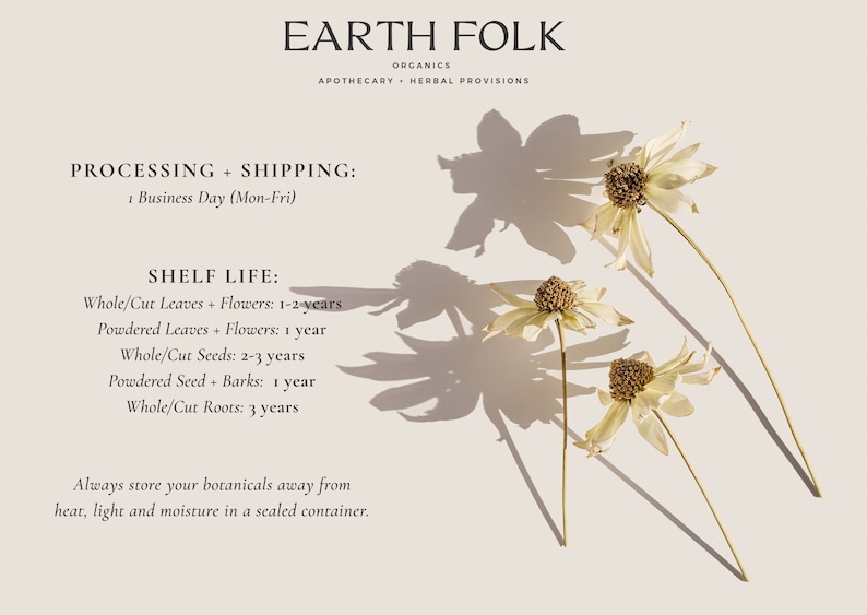 Puede incluir: Un fondo blanco con texto que dice "EARTH FOLK ORGANICS APOTHECARY HERBAL PROVISIONS" y "PROCESSING + SHIPPING: 1 Business Day (Mon-Fri)" y "SHELF LIFE: Whole/Cut Leaves + Flowers: 1-2 years Powdered Leaves + Flowers: 1 year Whole/Cut Seeds: 2-3 years Powdered Seed + Barks: 1 year Whole/Cut Roots: 3 years Always store your botanicals away from heat, light and moisture in a sealed container." Hay tres flores secas con tallos en el lado derecho de la imagen.