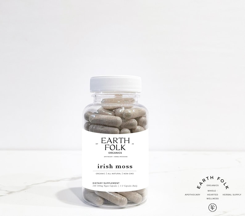 May include: A clear plastic bottle filled with light brown capsules labeled "Earth Folk Organics Irish Moss Organic | All Natural | Non GMO Dietary Supplement 100 500mg Size Capsules 1-2 Capsules Daily"