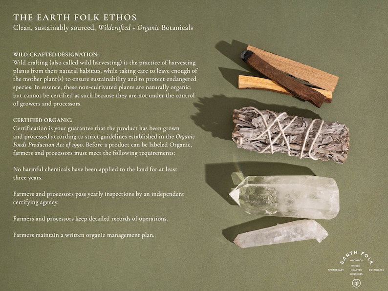 Puede incluir: Un fondo verde con texto que describe la &eacute;tica de Earth Folk, que es limpia, sostenible, silvestre y bot&aacute;nica org&aacute;nica. El texto describe la diferencia entre los productos silvestres y los certificados org&aacute;nicos. La imagen tambi&eacute;n muestra un manojo de salvia, dos cristales de cuarzo transparentes y dos trozos de madera.