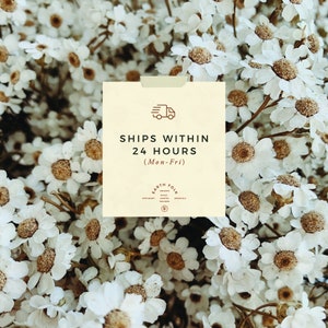 May include: A white card with brown text that reads "Ships within 24 hours (Mon-Fri)" with a small truck icon above the text. The card is surrounded by white flowers.
