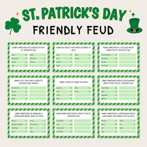Puede incluir: Un tablero de juego imprimible verde y blanco con el título "St. Patrick's Day Friendly Feud". El tablero de juego está dividido en nueve casillas, cada una con una pregunta diferente relacionada con el Día de San Patricio. Las preguntas están escritas en texto negro sobre un fondo blanco.