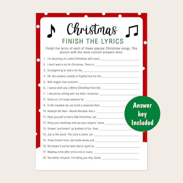 Christmas Finish The Lyrics Game | Printable Christmas Game | Finish The Christmas Song | Christmas Song Trivia | Christmas Party Game