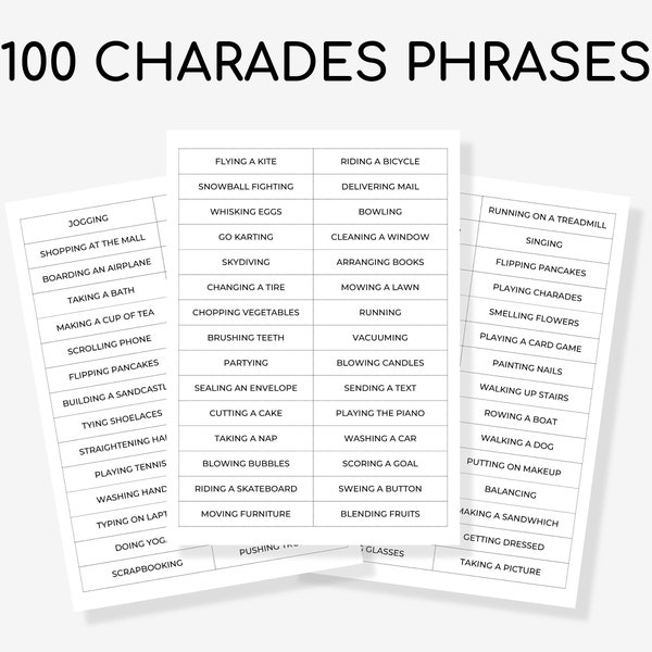 100 Charades Phrases | Printable Charades Game | Family Charades Game | Printable Charades Game For Kids and Adults