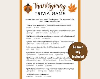 May include: Thanksgiving trivia game with multiple-choice questions about the holiday. The game includes questions about the first Thanksgiving, the ship the pilgrims sailed on, and the Macy's Thanksgiving Day Parade. An answer key is included.