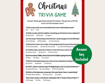May include: A red-bordered Christmas trivia game card with a gingerbread man and Christmas tree illustrations. The game includes multiple-choice questions about Christmas traditions and pop culture, with an answer key.