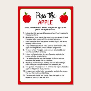 May include: A rectangular game card with a red border and green inner frame. The title Pass the APPLE is centered between two red apple illustrations. Below, eleven numbered rhyming instructions guide players on passing an apple.
