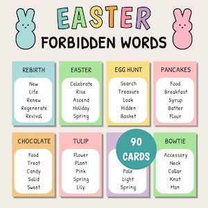 Può includere: Un set di 90 carte da gioco a tema pasquale con sfondi colorati e testo bianco. Le carte presentano parole legate alla Pasqua, come "Rinascita", "Pasqua", "Caccia alle uova", "Pancake", "Cioccolato", "Tulipano" e "Fioccho".