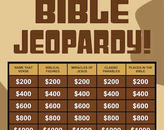 Peut inclure: Graphique marron et beige pour un jeu Bible Jeopardy. Le titre "BIBLE JEOPARDY!" est en haut. Les catégories incluent "Nommez ce verset", "Figures bibliques" et "Miracles de Jésus". Le tableau de jeu a des montants de 200 à 1000 euros.