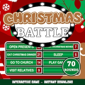 May include: A Christmas Battle game design with a gingerbread-style "CHRISTMAS" banner. The game board features green boxes with Christmas-themed activities and point values. The game has 70 rounds and is an interactive game.
