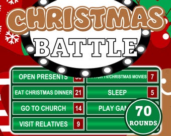 May include: A festive Christmas Battle game design with a gingerbread-style "CHRISTMAS" banner. The game board features green boxes with Christmas-themed activities and point values. The game has 70 rounds and is an interactive game.