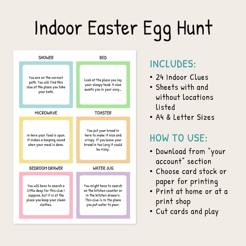 Easter Egg Hunt Game Indoor Easter Egg Hunt Clues Easter Scavenger Hunt for Kids Kids Easter Activities Kids Treasure Hunt Clues image 2