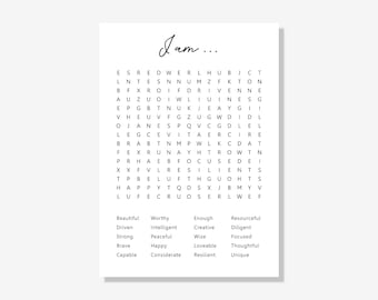 Printable Affirmation Word Search | Mental Health Word Search | Positive Words Word Search | Instant Download