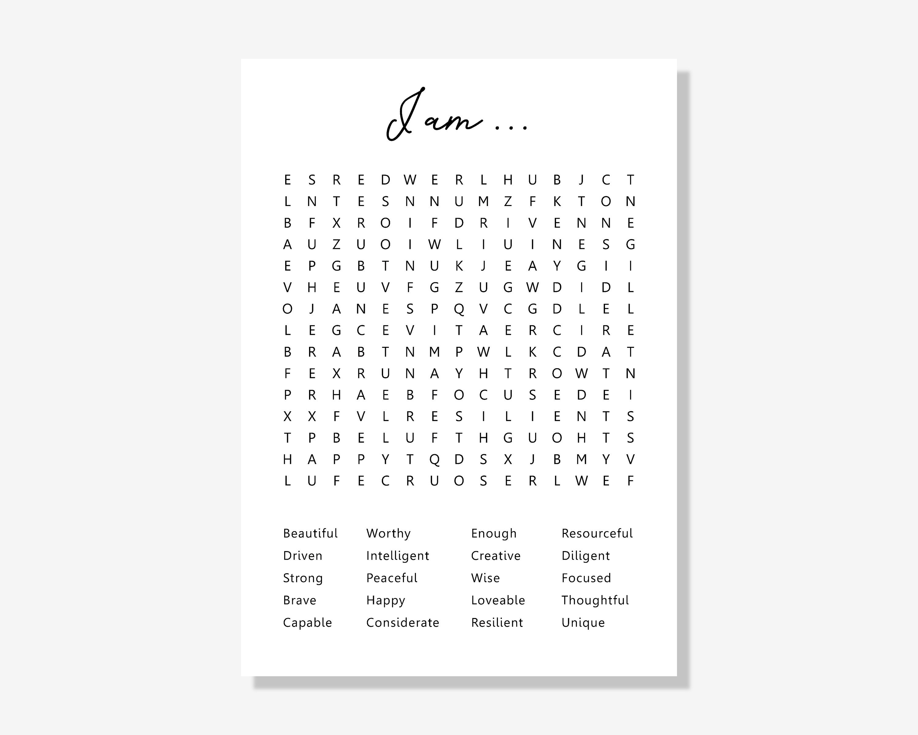 Printable Affirmation Word Search | Mental Health Word Search | Positive Words Word Search | Instant Download