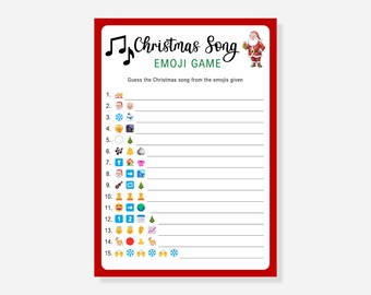 Puede incluir: Una hoja imprimible del juego "Christmas Song Emoji Game" con un borde rojo. El juego presenta una nota musical y un gráfico de Papá Noel. El juego desafía a los jugadores a adivinar canciones navideñas a partir de los emojis proporcionados.
