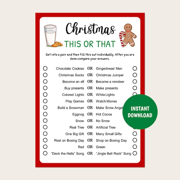 Christmas This Or That | Printable Christmas Game | Christmas Party Game