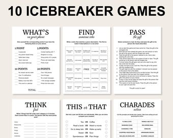 May include: A printable set of 10 icebreaker games for parties and gatherings. The games include "What's on your phone", "Find Someone Who", "Pass the Gift", "Think Fast", "This or That", and "Charades Action".