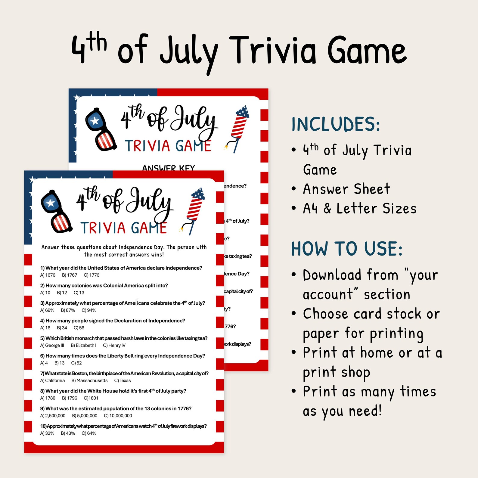 4th of July Game Trivia | Printable Independence Day Game | 4th of July ...