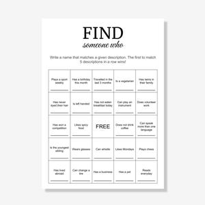 Find Someone Who Game | Printable Find Someone Who Bingo Game | Icebreaker Game | Get To Know You Game | Office Party | Instant Download
