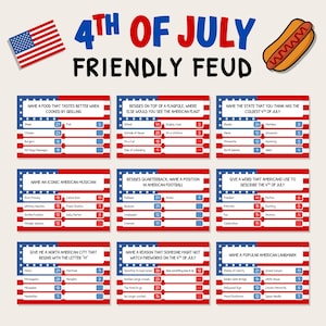 May include: A graphic for a 4th of July Friendly Feud game. The design includes an American flag, a hot dog, and several question cards with answers. The text reads "4th of July Friendly Feud".