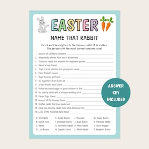以下が含まれることがあります： 「イースター・ネーム・ザット・ラビット」というカラフルなタイトルの印刷可能なイースターゲーム。このゲームは、プレイヤーに16の有名なウサギの説明を名前と一致させるように求めます。解答キーが含まれています。