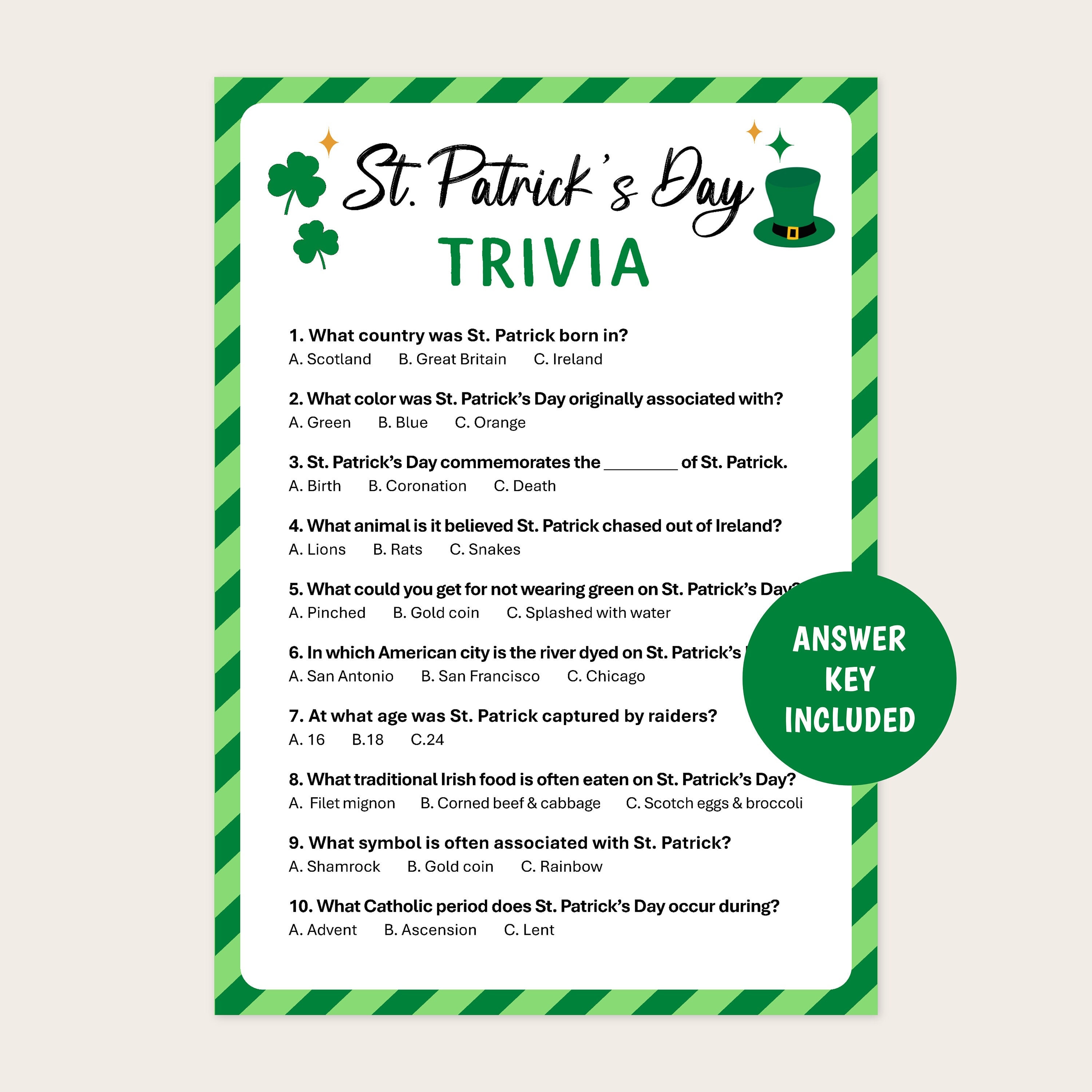 st patricks day quiz esl