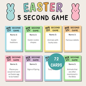 May include: A colorful Easter-themed game with the text "EASTER 5 SECOND GAME" and "72 CARDS." The game includes cards with various prompts like "Easter traditions" and "Animals with bushy tails." Two bunny figures are on either side.