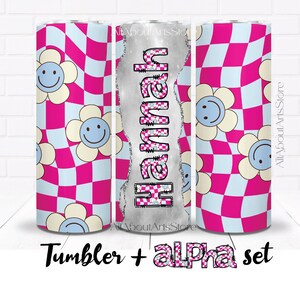 Retro Groovy Tumbler Wrap Passende Doodle Buchstabe Alpha Set PNG Wellig Kariert Smiley Daisy Flower Blau Rosa Tumbler Sublimation