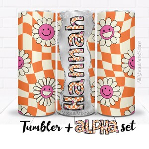 Retro Groovy Tumbler Wrap Matching Doodle Buchstabe Alpha Set PNG Wellig Kariert Smiley Daisy Flower Tumbler Sublimation Helle Farbe