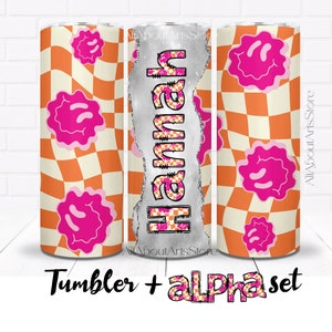 Retro Groovy Tumbler Wrap Matching Doodle Letter Alpha Set PNG Wellig Kariert Hell wacklig Smiley-Gesicht Tumbler Sublimation Namensbecher hinzufügen
