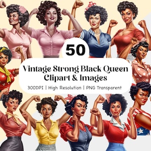 Strong Black Woman Pinup Clipart Bundle Retro Vintage African American 50s sublimation images Strong biceps Afro Girl Melanin Fashion POD