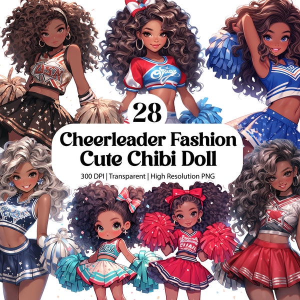 Cheerleader Fashion Cute Chibi Clipart, Yell Leaders Team Uniform PNG, African American Outfit Sublimation Wrap Images Journal Sticker Art
