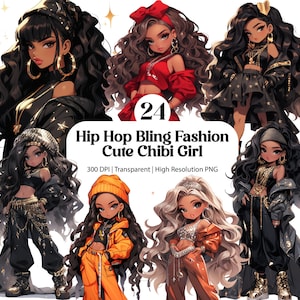 Hip Hop Bling Cute Chibi Clipart, Streetwear Girl Baggy Outfit PNG, Pop Culture Afro Girl Clipart TShirt Sublimation Images Journal Sticker