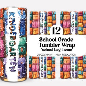 School Grade Tumbler Wrap Bundle 20 Unzen Skinny Tumbler Sublimation bunte Schultasche Wrap Lehrer Student Tumbler Geschenk PNG