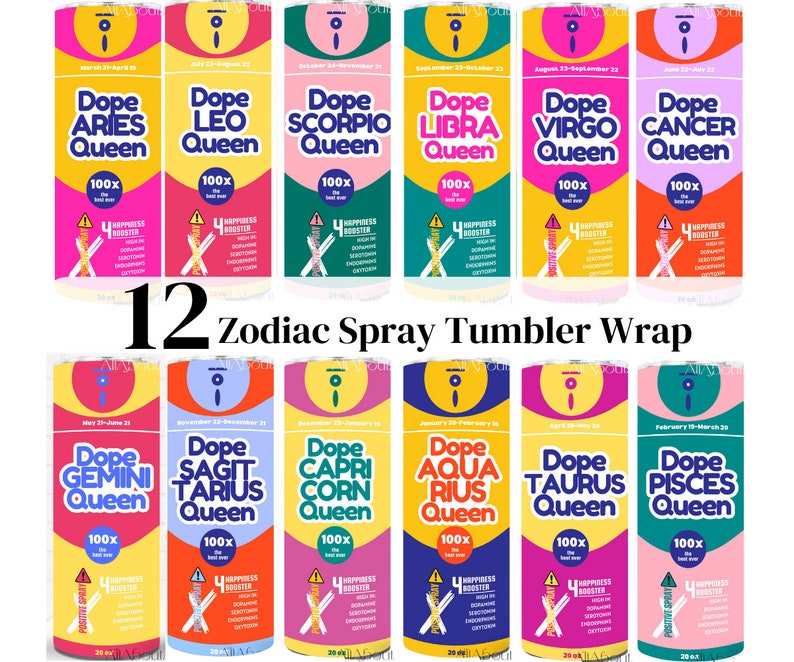 12 Zodiac Spray Tumbler Wrap Bundle, Dope Horoscope Astrology Birthday