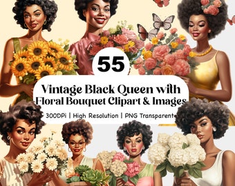 Pacchetto clipart Black Woman Pinup Floral Bouquet Immagini retrò vintage a sublimazione afroamericane Fiore Afro Melanin POD diario adesivo