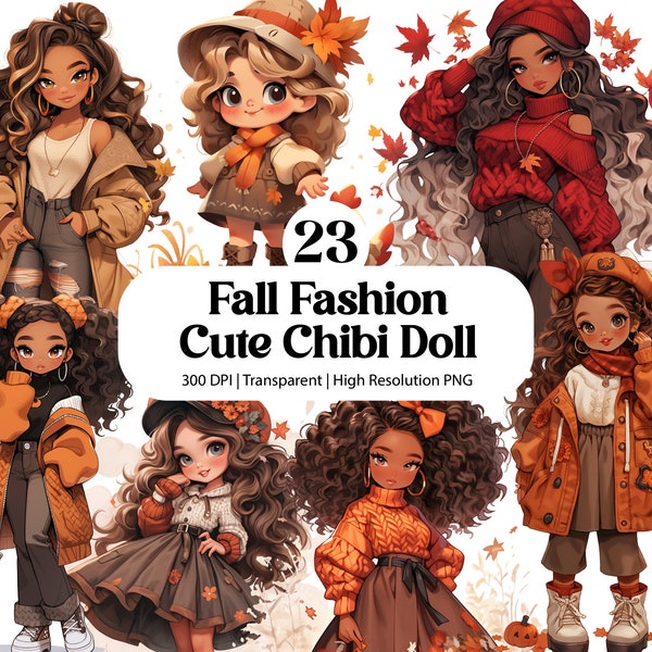 Imágenes Prediseñadas de Chibi lindo de moda de otoño, traje de niña de otoño PNG, paquete de muñecas de papel digital, imágenes de sublimación de imágenes prediseñadas de chica afro, pegatina de diario
