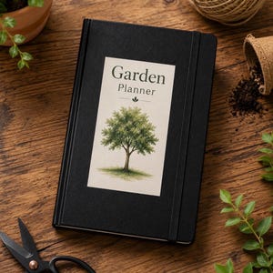 Könnte beinhalten: Ein schwarzes Notizbuch mit festem Einband und elastischem Verschlussband. Ein rechteckiges Etikett auf dem Vorderdeckel zeigt den Text Garden Planner über einer Illustration eines grünen Baumes. Das Notizbuch liegt auf einer hölzernen Oberfläche.