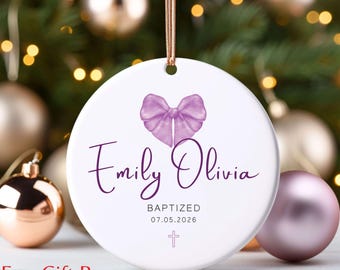 Adorno de bautizo con temática primaveral púrpura, regalo personalizado de adorno de recuerdo de bautizo para niña, adorno de cerámica para bautizo