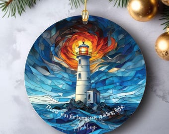Adorno personalizado "Gracias por ser mi luz guía", adorno de cerámica con diseño de vitral de faro, regalo para maestros, padres, jefes.