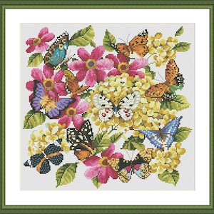 Vlinders en bloemen, geteld kruissteekpatroon, bloemennatuur kruissteek, insecten, bloeiende vlinder, bloemenpatroon Download PDF