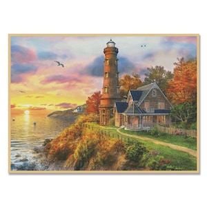 Lighthouse, Counted Cross Stitch Pattern, Hand Embroidery, Needlepoint Chart, Sunset, Summer Landscape, Seashore, Waves Seagulls