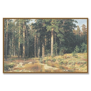May include: A painting depicting a forest scene with tall pine trees and a small stream flowing through the centre. The trees are a deep green and the stream is a light blue. Sunlight streams through the trees, casting dappled light on the ground.