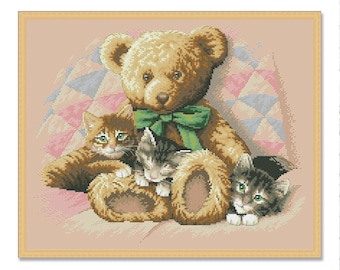 Teddy and Kittens, Counted Cross Stitch pattern, Animal, Cats, Hand Xstitch Decor, Cute kittens, Kittens cross stitch, Bear, Cats pattern