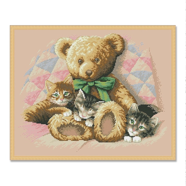 Teddy and Kittens, Counted Cross Stitch pattern, Animal, Cats, Hand Xstitch Decor, Cute kittens, Kittens cross stitch, Bear, Cats pattern