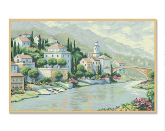 Italienischer Aussicht, Kreuzstichmuster, Dorf Cottage, Sommerwald, Handstickerei, Nadelspitze, digitales Muster PDF