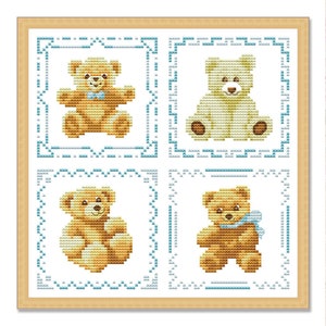 Cuatro ositos, Patrón de punto de cruz contado PDF, Registro de nacimiento, Muestra de animales bebés, Personalización, Juguetes divertidos, Alfabeto infantil, ABC