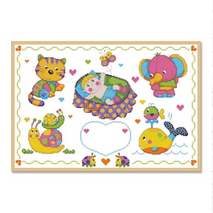 Muestreador de animales bebés, Patrón de punto de cruz contado PDF, Animales divertidos, Registro de nacimiento, Gatito, Elefante, Personalización, Juguetes divertidos